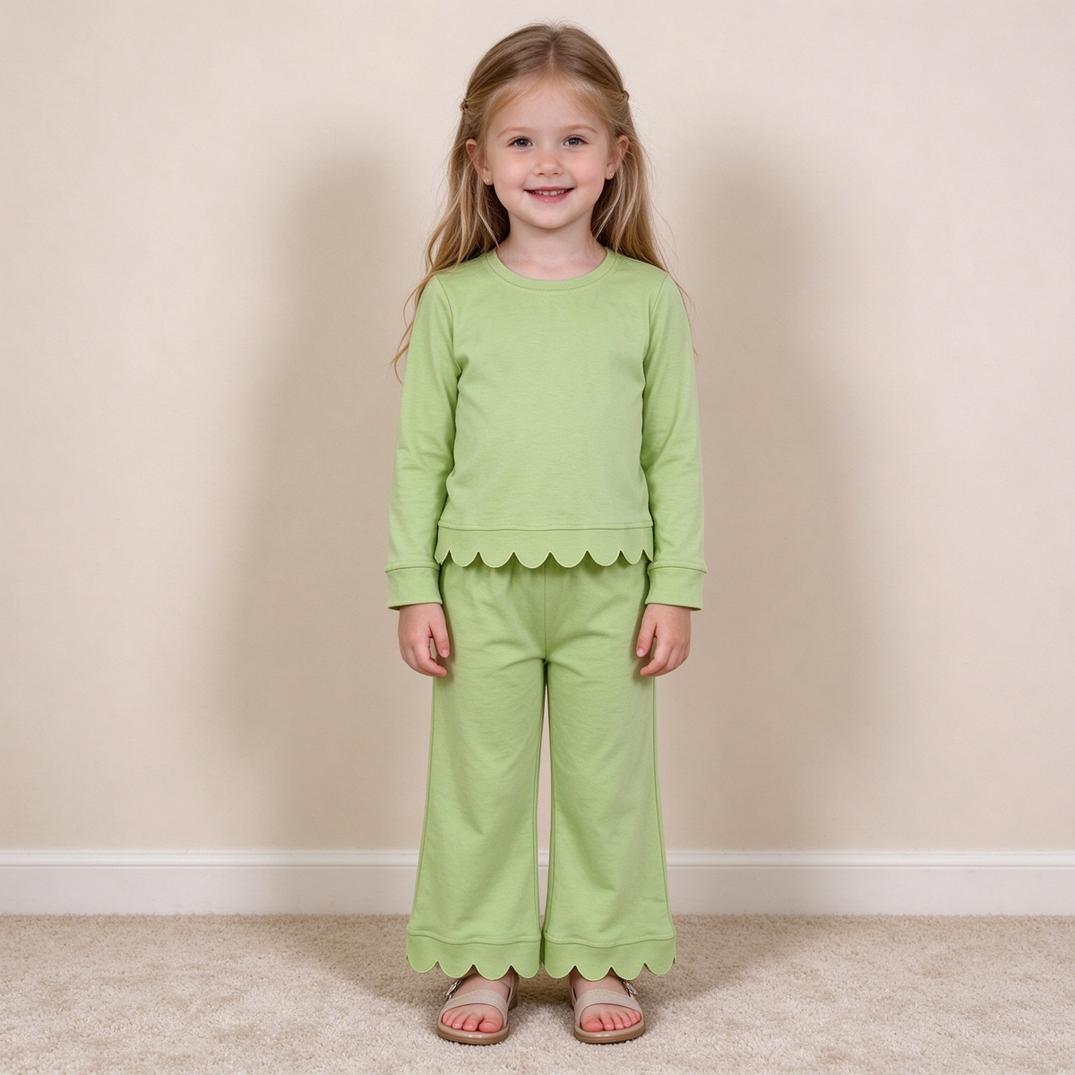 NEW RTS NO MOQ cotton GLP3296 Baby Girls Green Long Sleeve Top Pockets Pant Scallop Clothes Sets