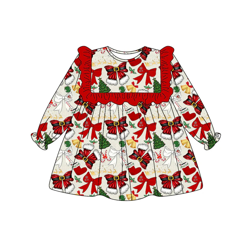 7.11Preorder (moq 5)Baby Girls Long Ruffle Sleeves Red Bows Trees Knee Length Dresses
