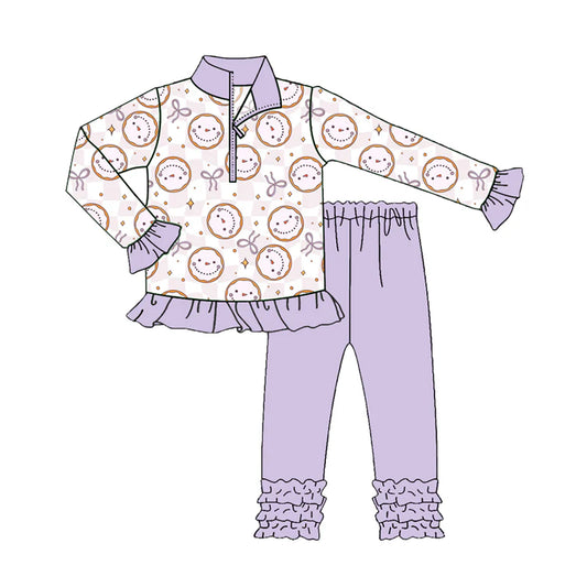 8.13Preorder(moq 5) Baby Girls Purple Smile Bows Zip Pullover Top Legging Boutique Outfits Sets
