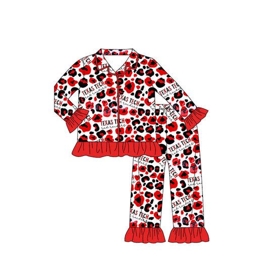 X902Preorder moq 5 Baby Girls Texas Tech Team Buttons Red Leopard Top Pants Pajamas Clothes Sets