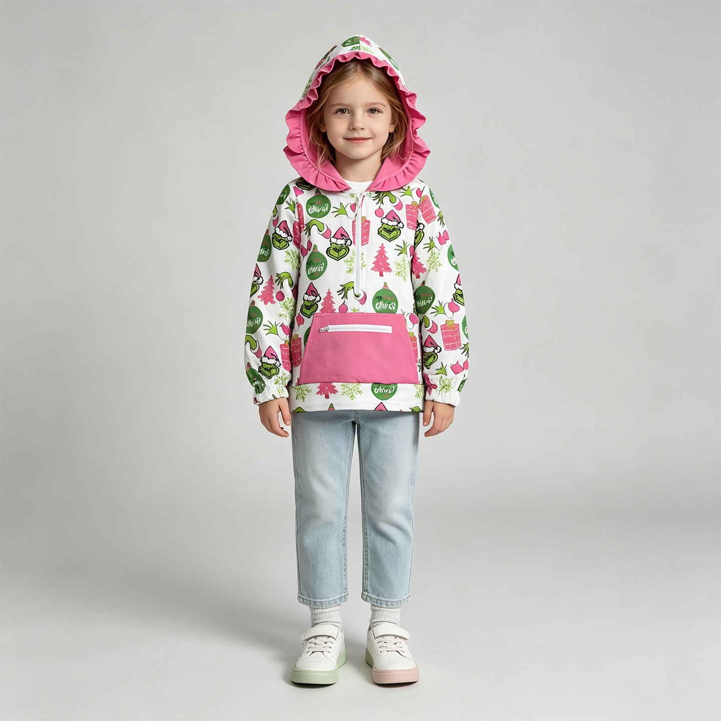 NEW RTS NO MOQ milk silk GT1164 Cute Clothes Baby Girls Gift Print Pocket Zipper Up Christmas Hoodie