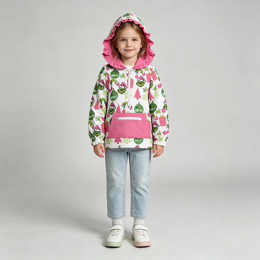 NEW RTS NO MOQ milk silk GT1164 Cute Clothes Baby Girls Gift Print Pocket Zipper Up Christmas Hoodie