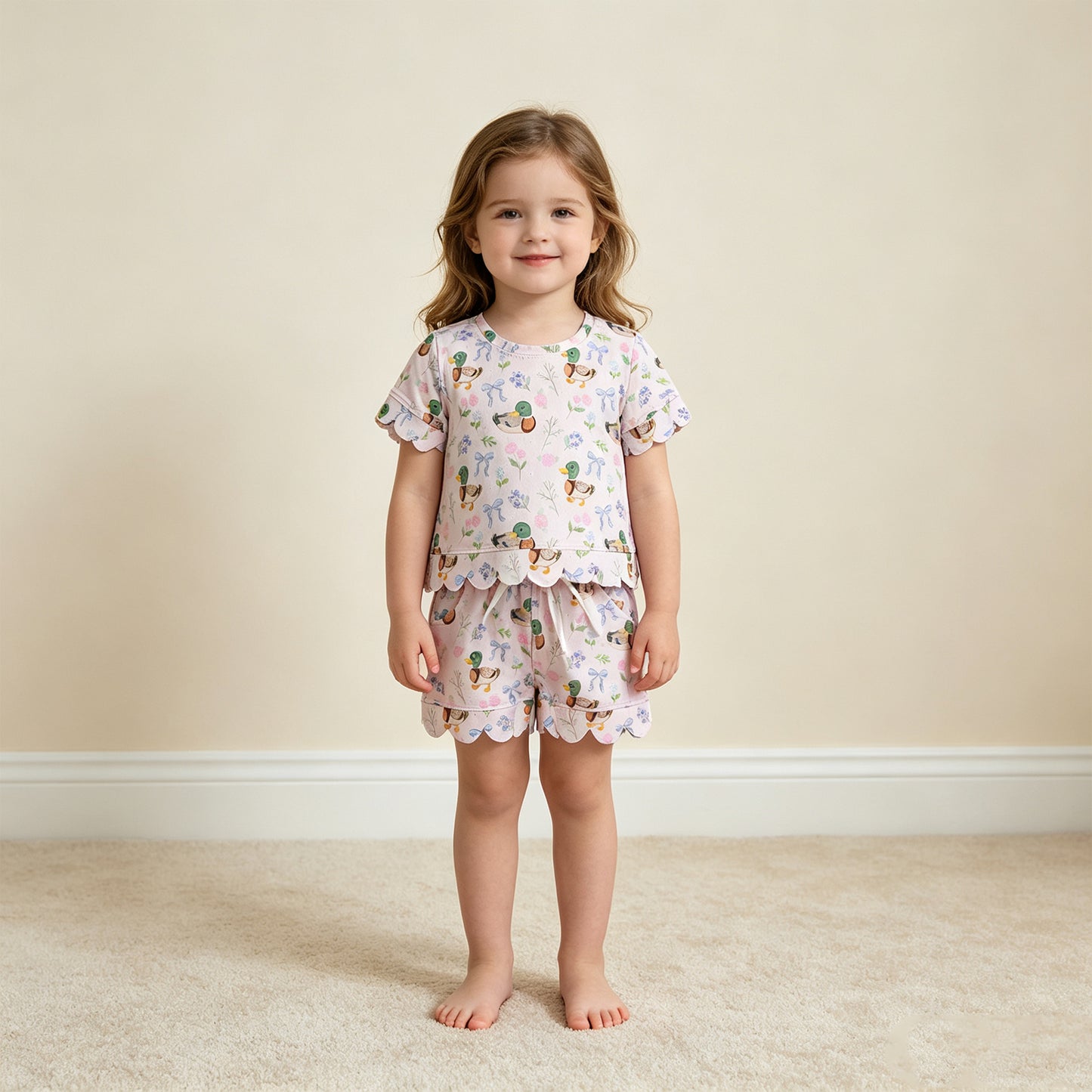 NEW RTS NO MOQ milk silk GSSO3737 Baby Girls Ducks Flowers Bows Top Pockets Short Hunting Scallop Clothes Sets