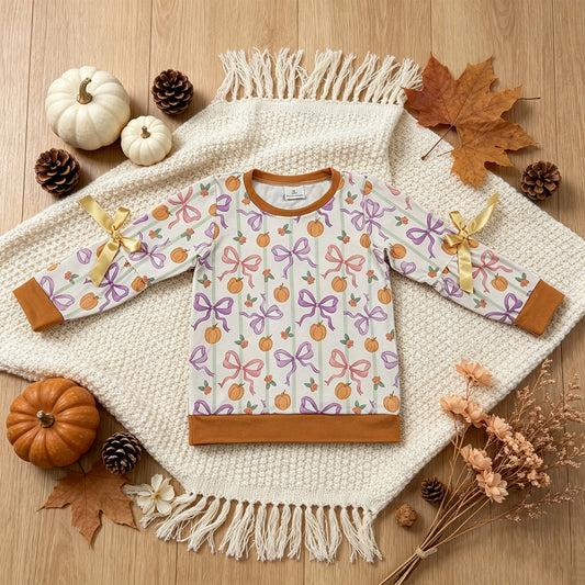 NEW RTS NO MOQ milk silk GT1658 Baby Girls Long Sleeve Colorful Stripe Bows Pumpkins Fall T-shirt Top