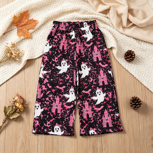 NEW RTS NO MOQ milk silk P1134 Baby Girls Ghosts Castles Bats Halloween Pockets Flare Pants Bottom