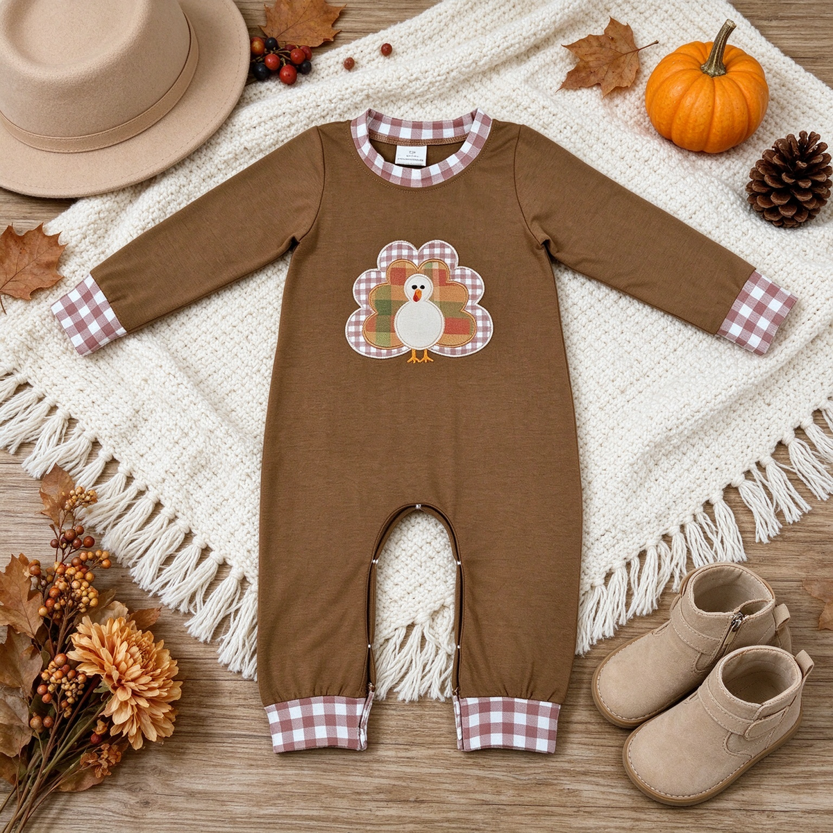 NEW RTS NO MOQ milk silk LR3170 Embroidery Turkey Baby Boys Brown Long Sleeve Thanksgivings Pant Rompers