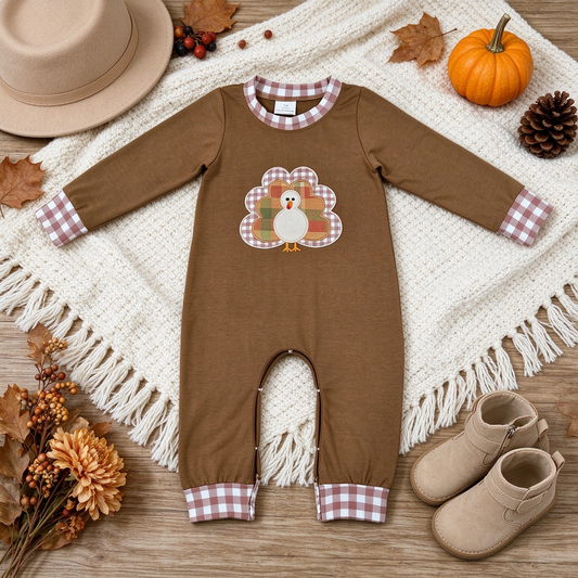 NEW RTS NO MOQ milk silk LR3170 Embroidery Turkey Baby Boys Brown Long Sleeve Thanksgivings Pant Rompers