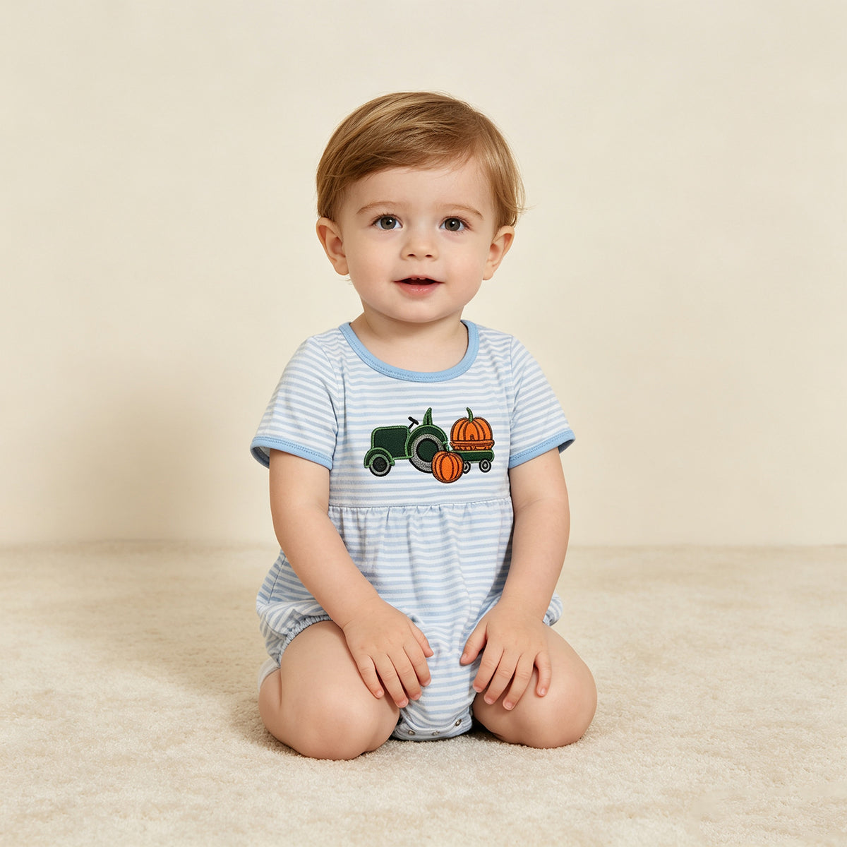 NEW RTS NO MOQ milk silk SR4286 Embroidery Pumpkins Truck Baby Boys Blue Stripe Fall Short Sleeve Rompers