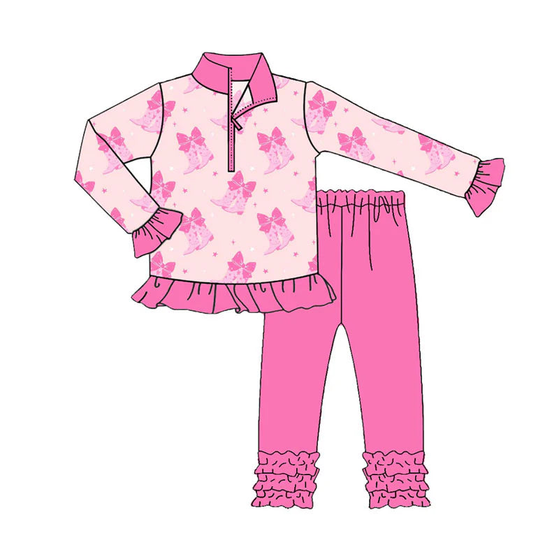 X909Preorder (moq 5)Baby Girls Pink Bows Boots Zipper Pullover Valentine Ruffle Leggings Clothes Sets
