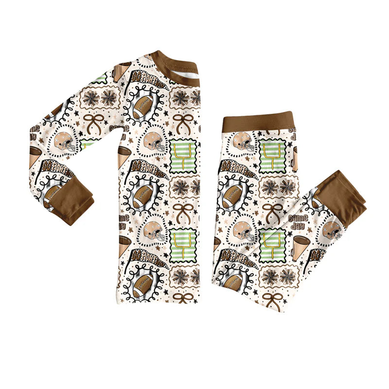 7.23Preorder (moq 5)Baby Girls Long Sleeves Bows Footballs Plaid Top Pants Pajamas Set