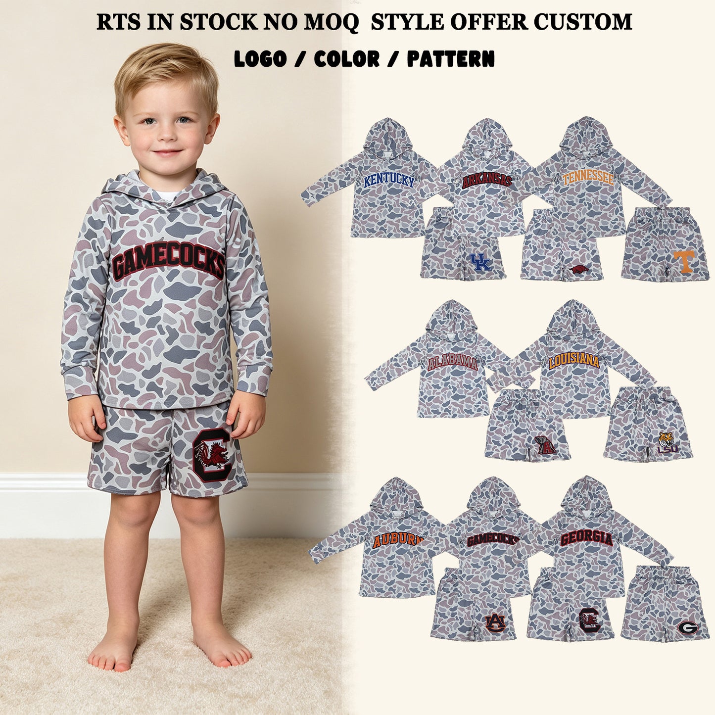 RTS NO MOQ Sibling milk silk Baby Boys Light Grey Camo Long Sleeve Hoodie Pockets Short Team Clothes Set