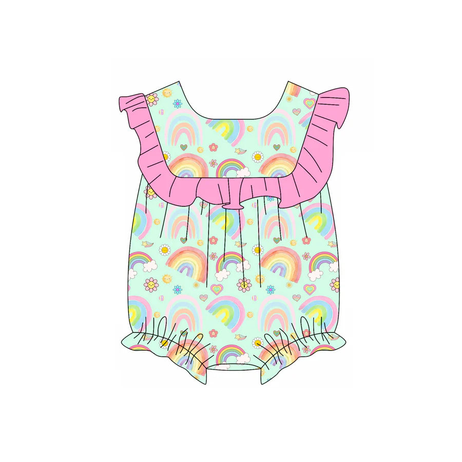 X1.15 Preorder (moq 5)Baby Girls Rainbow Flower Hearts Valentines Ruffle Rompers