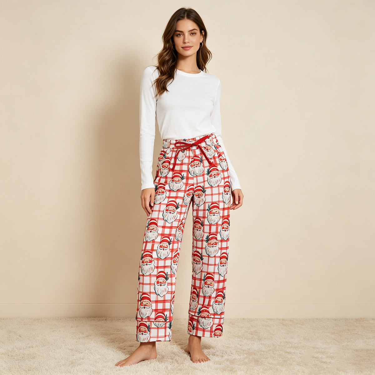 NEW RTS NO MOQ milk silk P1096 Adult Women Red Checked Santa Christmas Pockets Pants Bottom