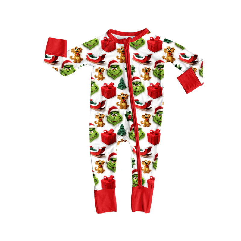 8.4Preorder(moq 5)Baby Infant Boys Green Face Gifts Christmas Zipper Rompers