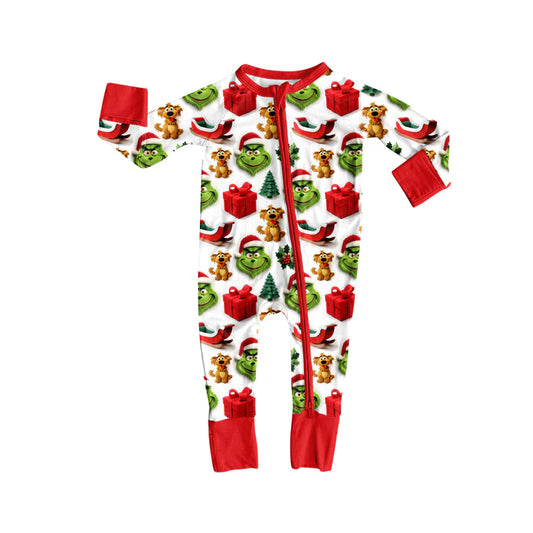 8.4Preorder(moq 5)Baby Infant Boys Green Face Gifts Christmas Zipper Rompers