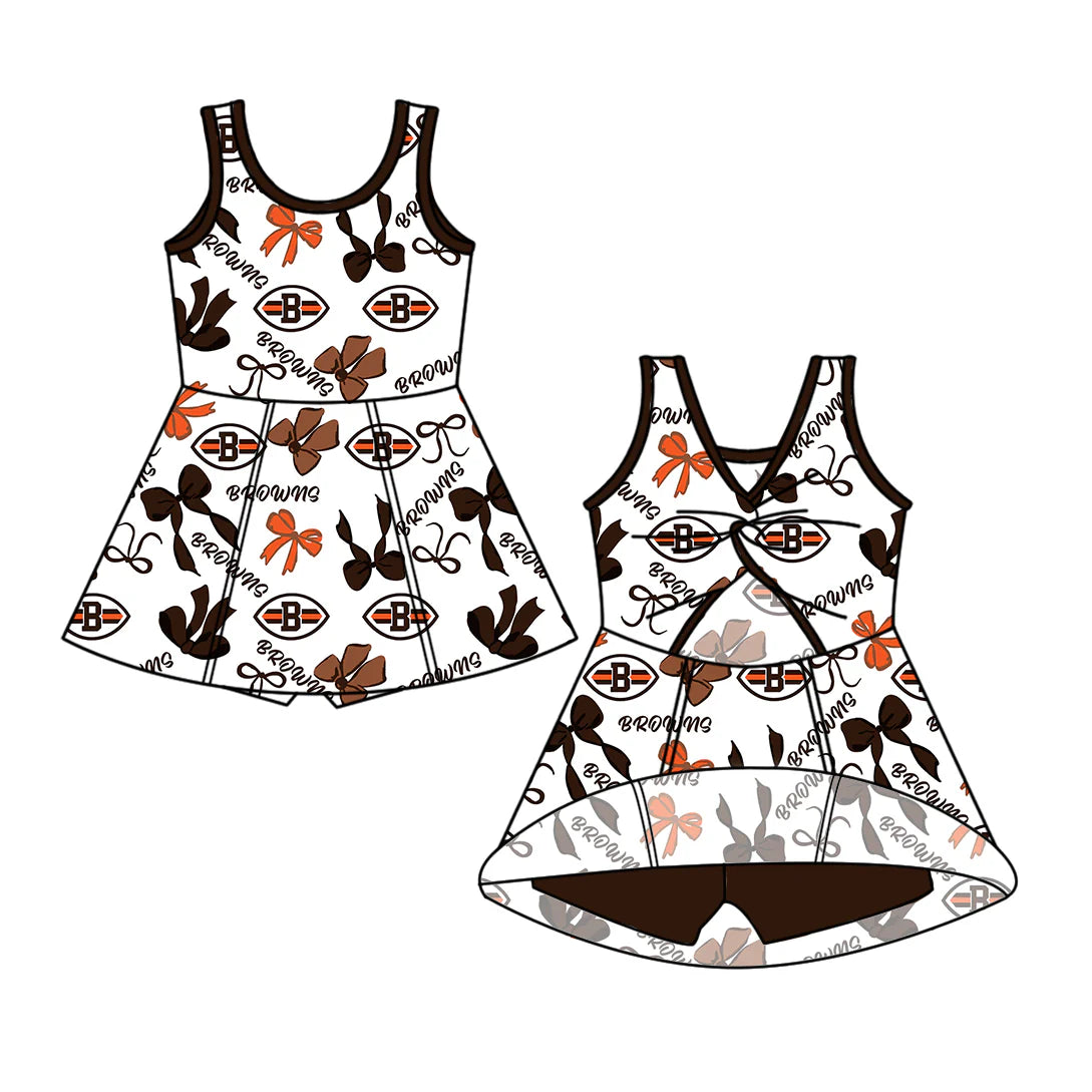 7.1Preorder (moq 5)Baby Girls Sleeveless Bows Plaid Browns Short Team Knee Length Dresses