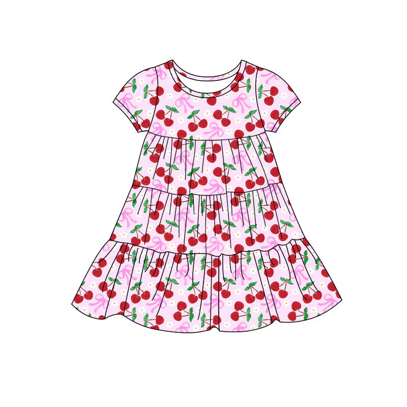 X11.20Preorder(moq 5) Baby Girls Bows Cherry Flowers Patchwork Ruffle Knee Length Dresses