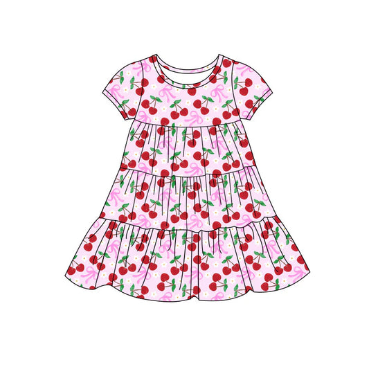 X11.20Preorder(moq 5) Baby Girls Bows Cherry Flowers Patchwork Ruffle Knee Length Dresses