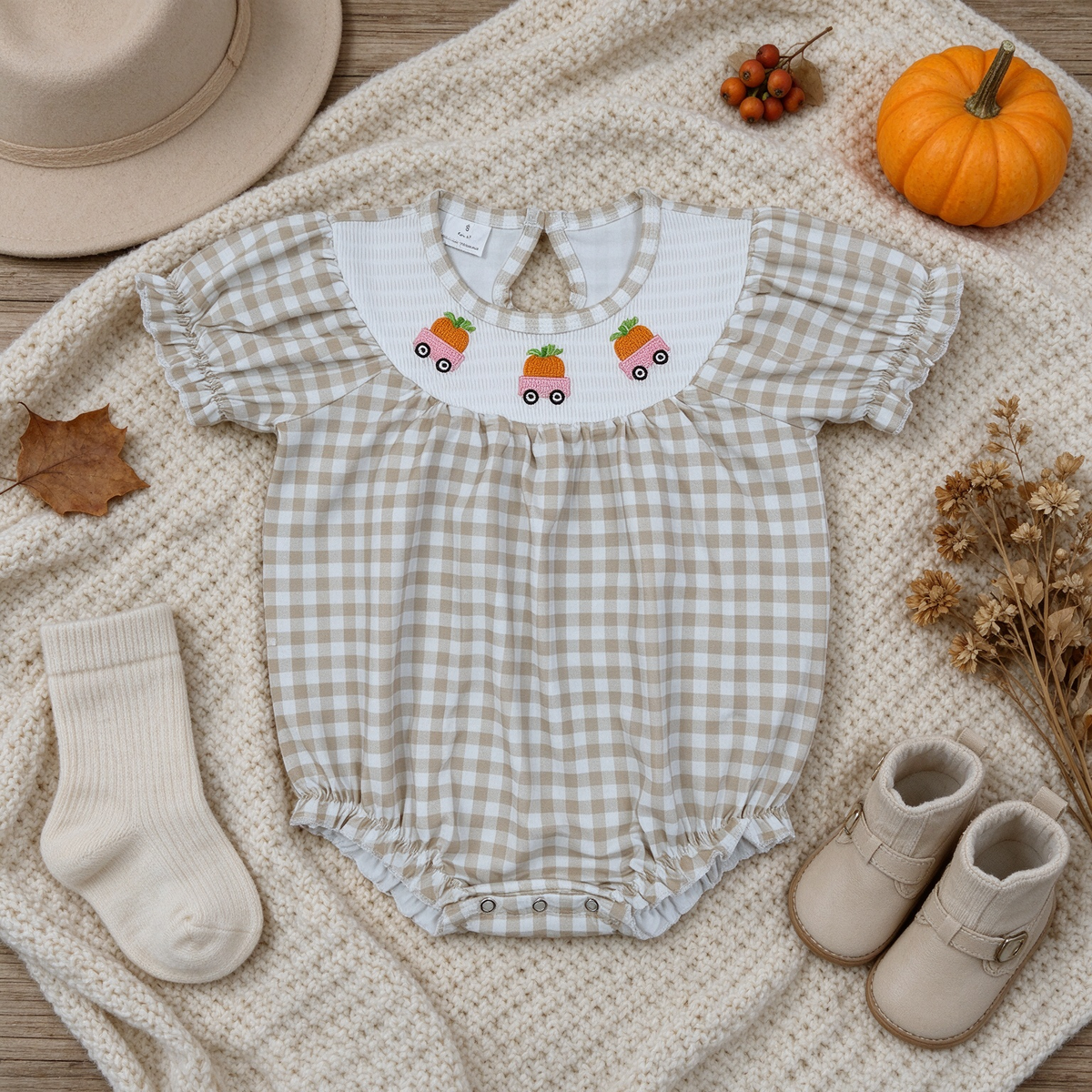 NEW RTS NO MOQ milk silk SR4280 Smocked Pumpkins Trucks Baby Girls Khaki Checked Fall Ruffle Rompers