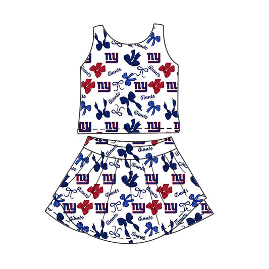 6.30Preorder (moq 5)Baby Girls Sleeveless Bows Plaid NY Giants Top Skorts Team Set