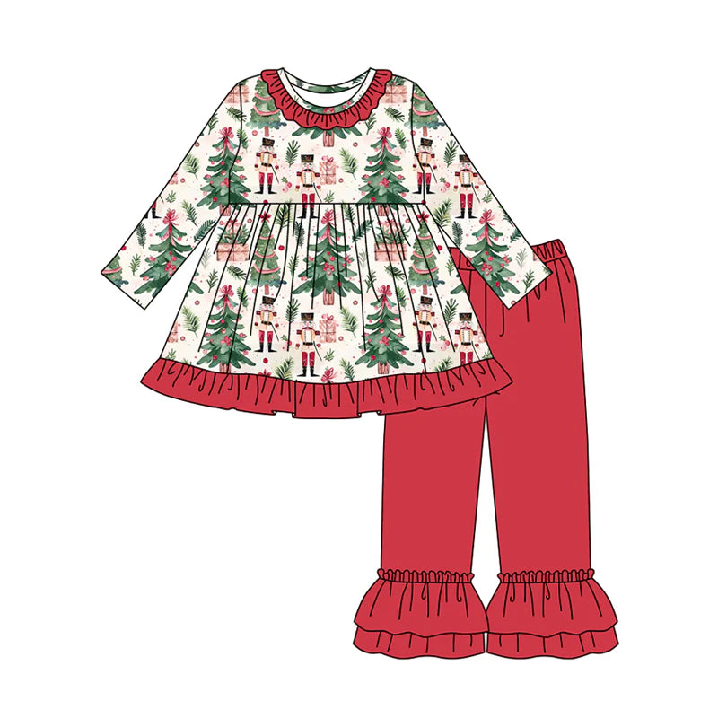 8.9Preorder (moq 5)Baby Girls Christmas Trees Soldiers Plaid Tunic Ruffle Pant Set