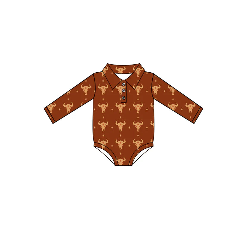 8.8Preorder(moq 5)Baby Boys Bull Skull Stars Plaid Western Button Rompers