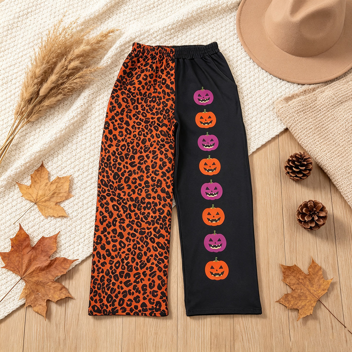 NEW RTS NO MOQ milk silk P1132 Adult Women Ghost Pumpkins Leopard Halloween Pockets Flare Pants Bottom