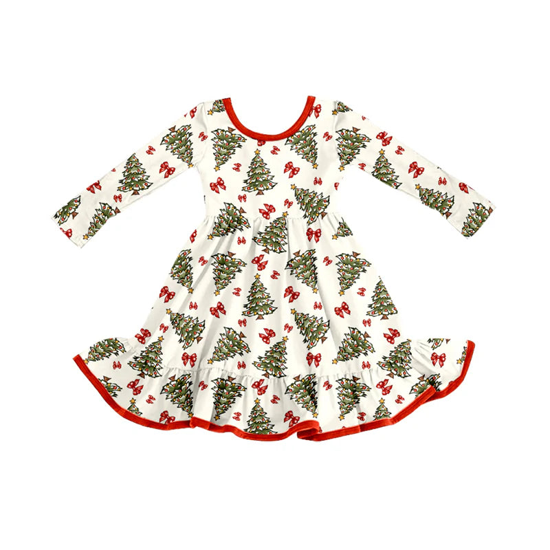 8.12Preorder (moq 5)Baby Girls Christmas Trees Bows Ruffle Knee Length Dresses