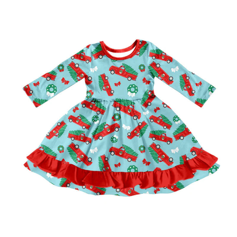 8.12Preorder (moq 5)Baby Girls Christmas Trucks Bows Ruffle Knee Length Dresses