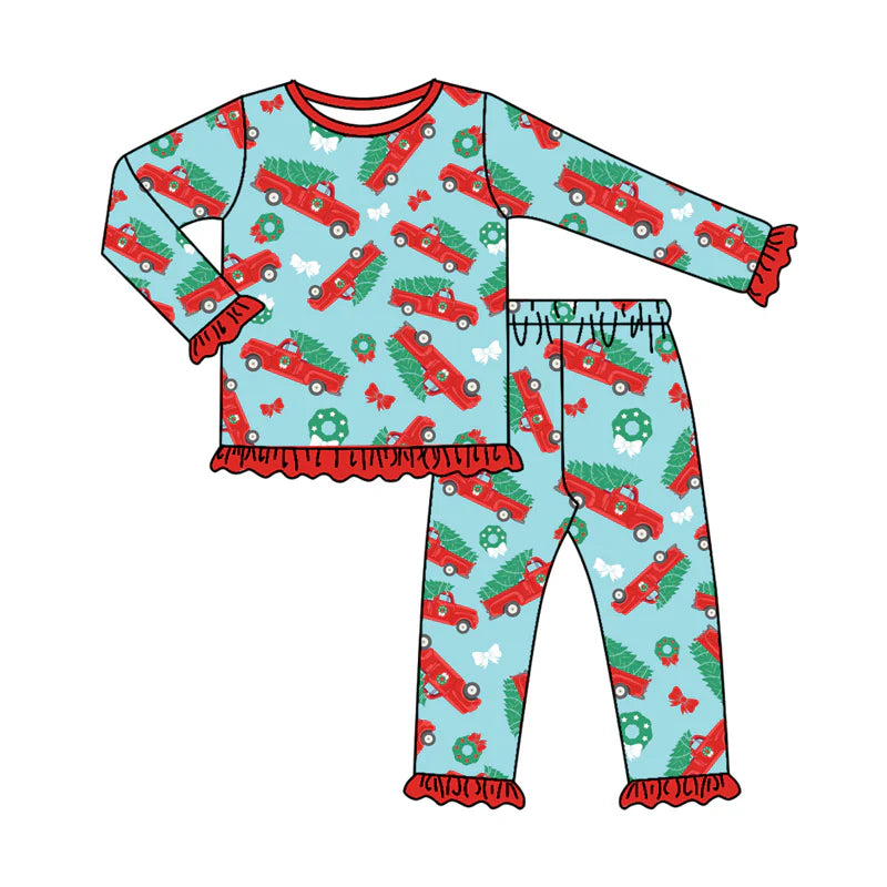 8.12Preorder(moq 5) Baby Girls Christmas Trucks Bows Top Pants Lounge Wear Pajamas Sets