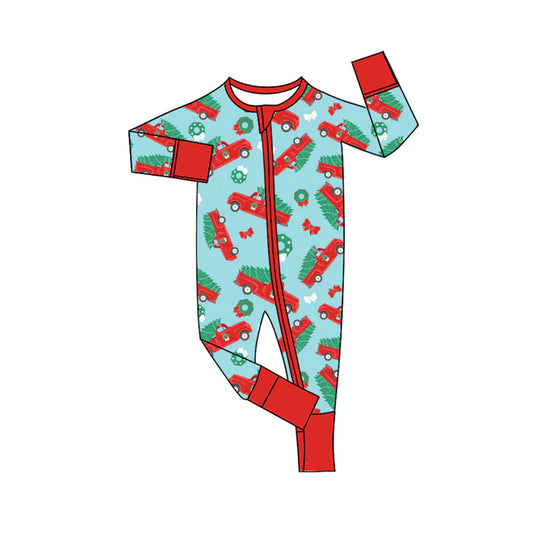 8.12Preorder(moq 5)Baby Infant Christmas Trucks Bows Zipper Footie Rompers