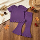NEW RTS NO MOQ cotton GSPO2346 (GT1776+P1084) Baby Girls Purple Short Sleeve Shirts Top Flare Pant Scallop Clothes Sets