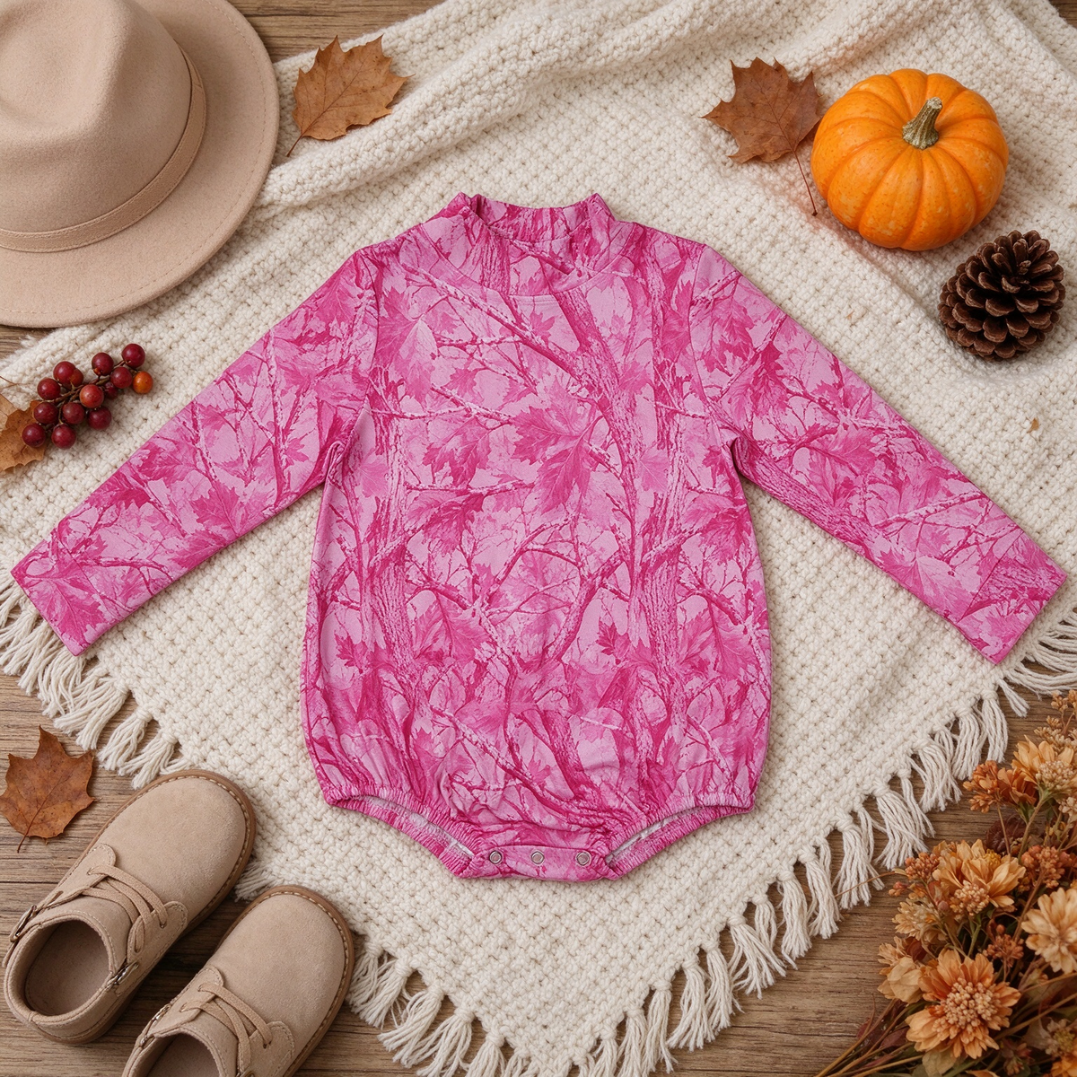 NEW RTS NO MOQ milk silk LR3224 Baby Girls Pink Leavers Camo Long Sleeve Choker Rompers