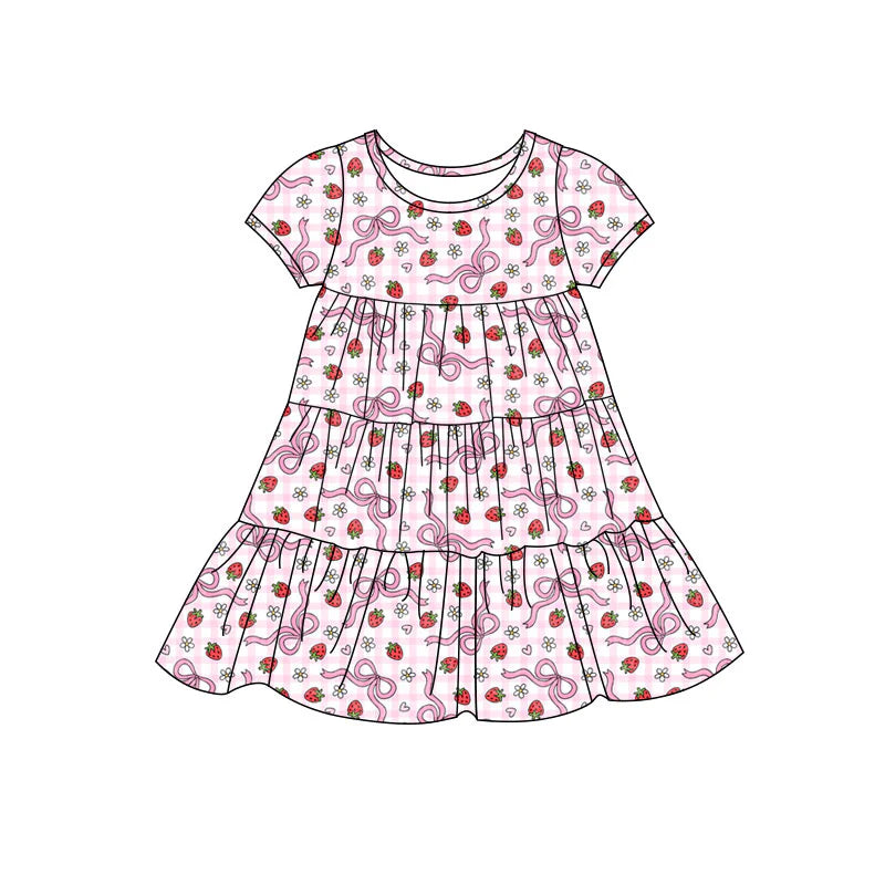 X11.20Preorder(moq 5) Baby Girls Bows Strawberry Checked Patchwork Ruffle Knee Length Dresses