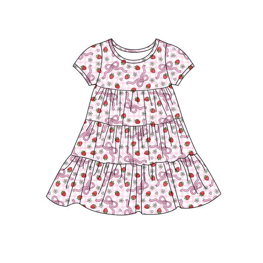X11.20Preorder(moq 5) Baby Girls Bows Strawberry Checked Patchwork Ruffle Knee Length Dresses