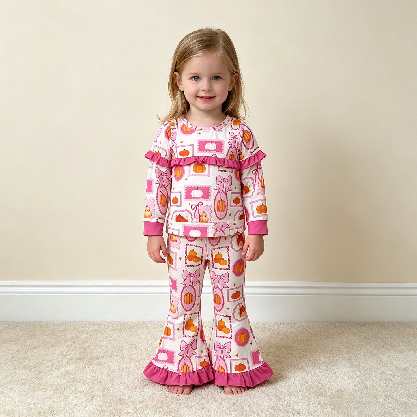 NEW RTS NO MOQ milk silk GLP3504 Baby Girls Bows Pumpkins Checked Top Flare Pant Fall Clothes Sets