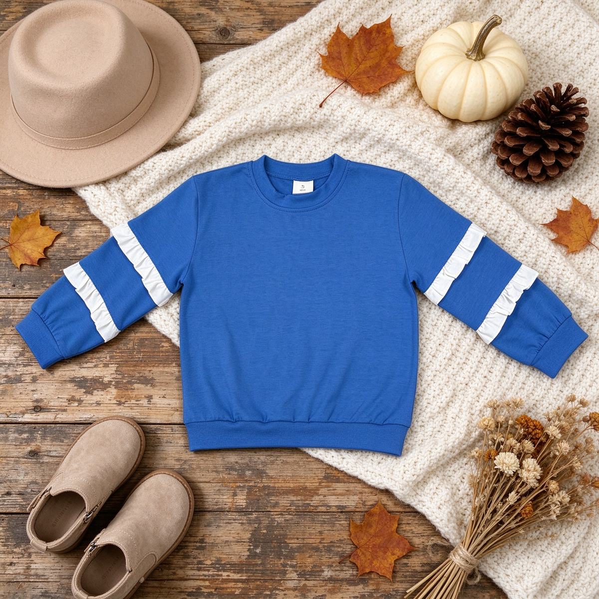 NEW RTS NO MOQ milk silk GT1860 Baby Girls Blue White Patchwork Long Sleeve Fall T-shirts Top