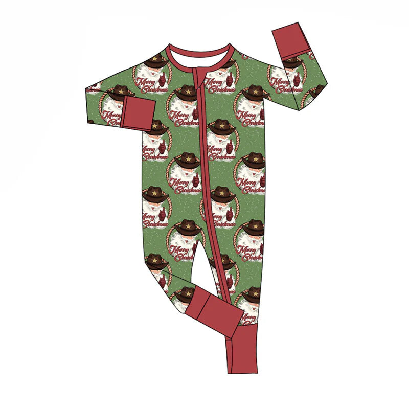 X920Preorder (moq 5)Baby Boys Santa Checked Merry Christmas Zipper Footie Rompers