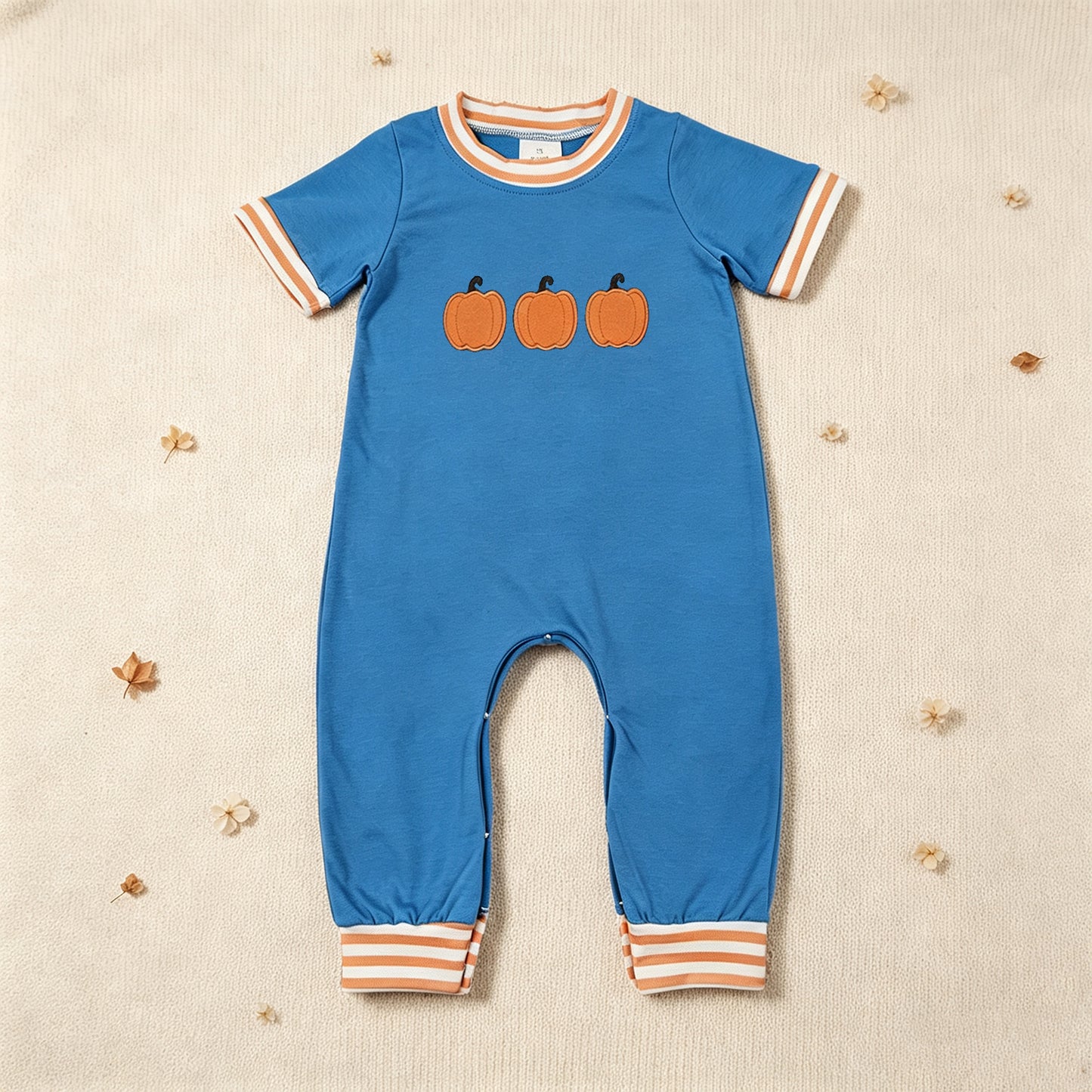 NEW RTS NO MOQ milk silk SR4285 Embroidery Pumpkins Baby Boys Short Sleeve Fall Pant Rompers