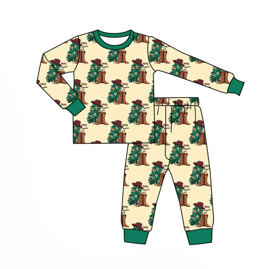 X922Preorder (moq 5)Baby Boys Merry Christmas Trees Boots Checked Top Pants Pajamas Set