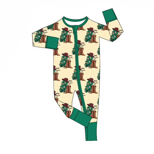 X922Preorder (moq 5)Baby Boys Merry Christmas Trees Boots Checked Zipper Footie Rompers