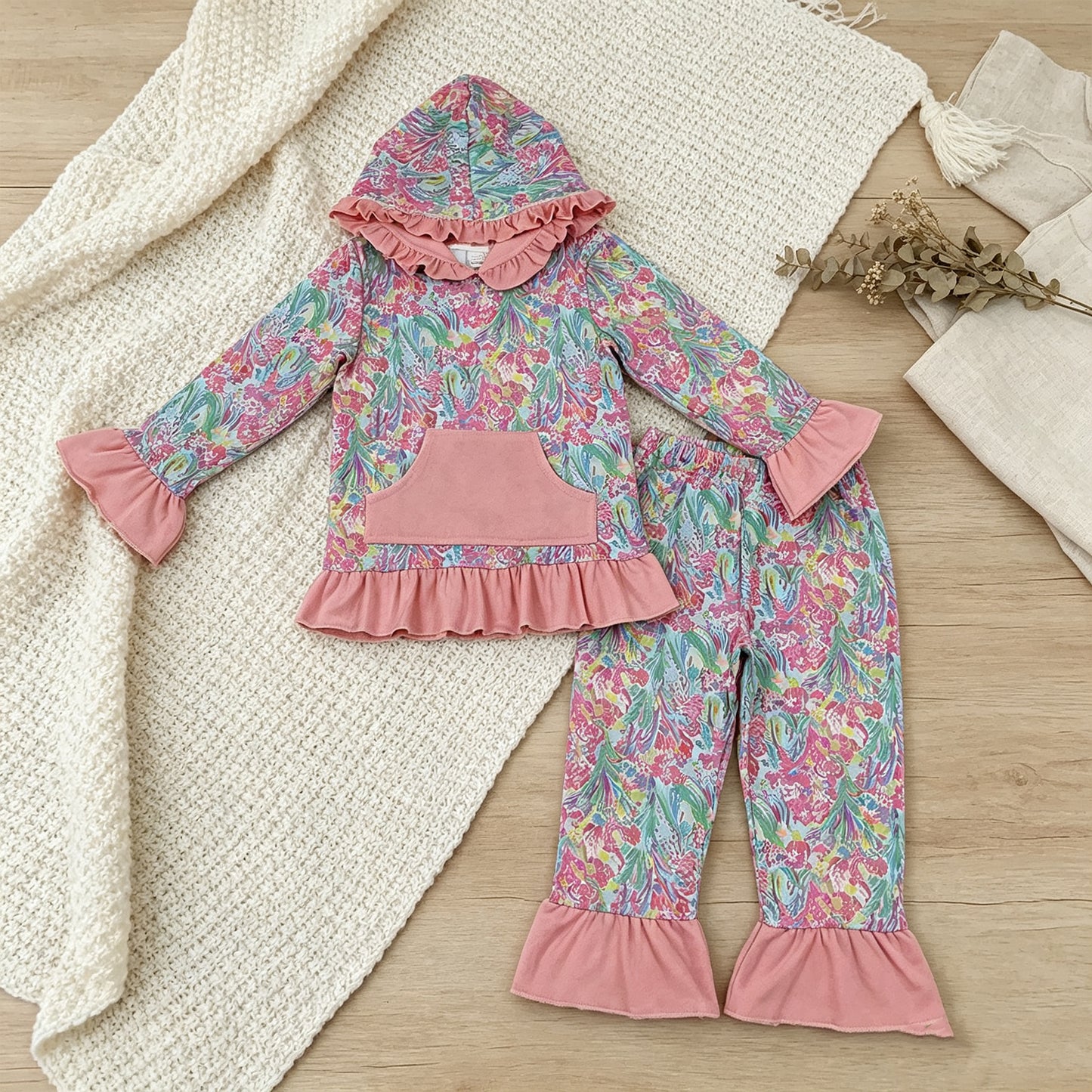 NEW RTS NO MOQ milk silk GLP3519 Baby Girls Sea Plants Pocket Ruffle Hoodie Pants Clothes Sets