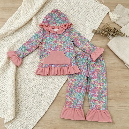 NEW RTS NO MOQ milk silk GLP3519 Baby Girls Sea Plants Pocket Ruffle Hoodie Pants Clothes Sets
