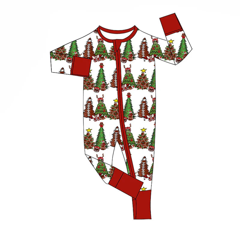 X920Preorder (moq 5)Baby Boys Trees Footballs Checked Christmas Zipper Footie Rompers