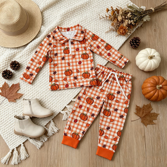 NEW RTS NO MOQ milk silk BLP1574 （BT1895+P1198）Baby Boys Leaves Pumpkins Checked Zip Pullovers Pockets Joggers Fall Clothes Set