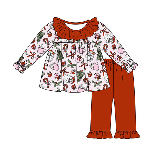 7.9Preorder (moq 5)Baby Girls Long Sleeves Bows Trees Tunic Red Ruffle Pant Clothes Set
