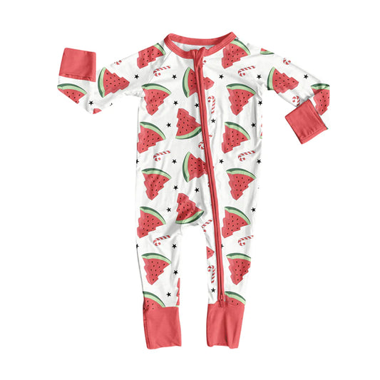 8.7preorder(moq 5)Baby Infant Boys Long Sleeves Watermelon Candy Cane Christmas Zipper Rompers