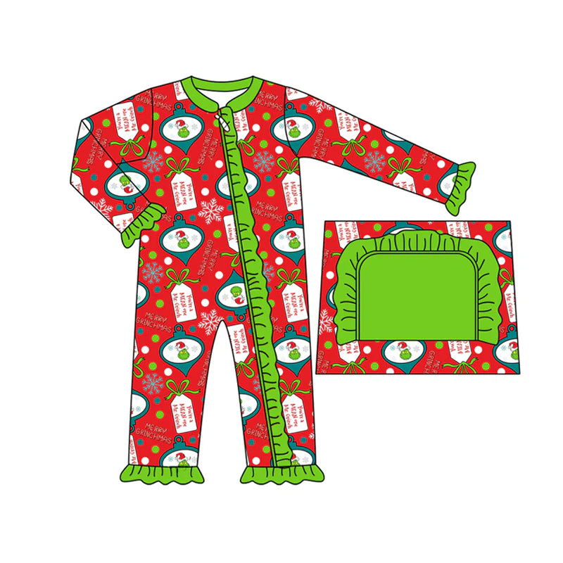 8.1Preorder(moq 5)Baby Girls Long Sleeves Green Faces Bows Plaid Ruffle Zipper Rompers