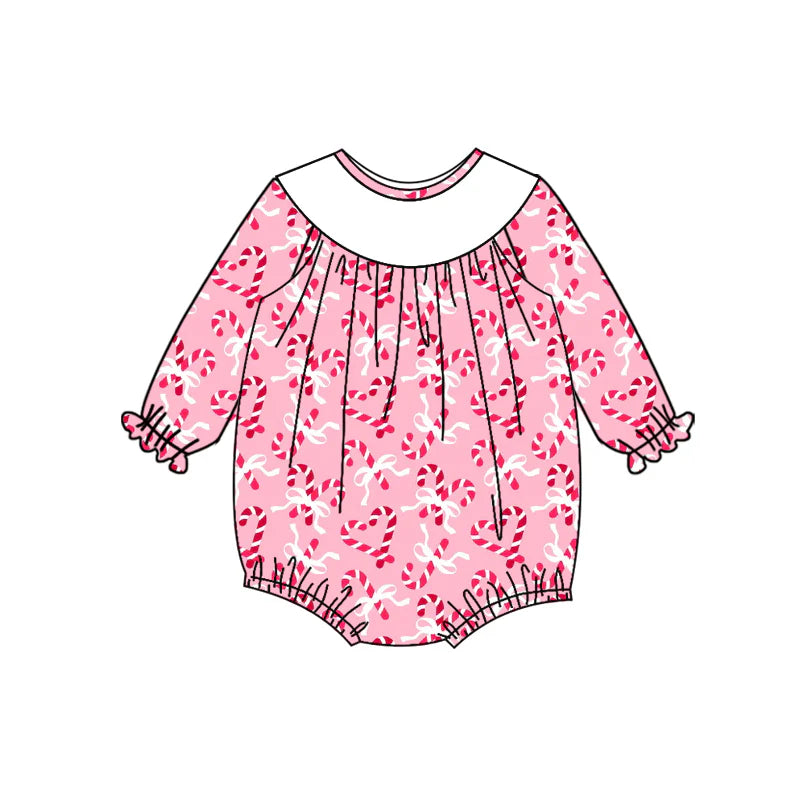 7.14Preorder (moq 5)Baby Girls Long Sleeves Pink Bows Candy Cane Plaid Ruffle Romper