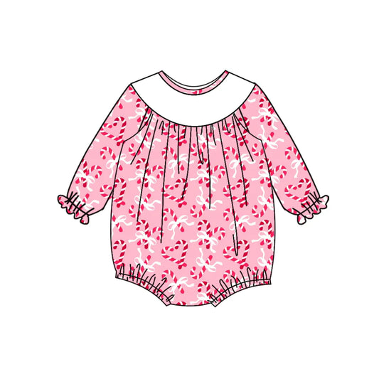 7.14Preorder (moq 5)Baby Girls Long Sleeves Pink Bows Candy Cane Plaid Ruffle Romper